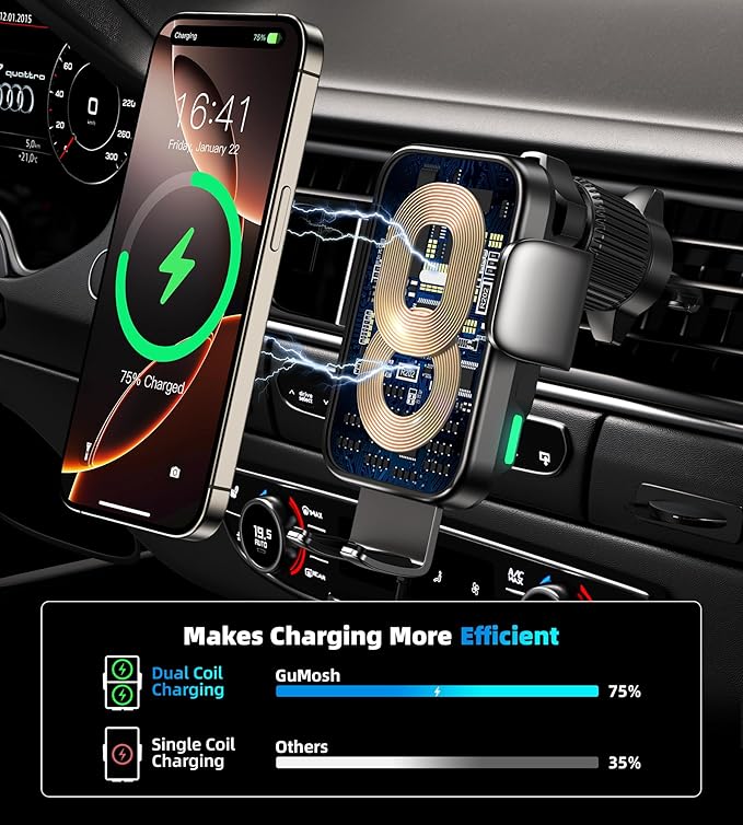 Dual Coil 15W Cup Phone Holder Mount,Wireless Car Charger Auto-Clamping Fast Charging Vent Phone Holders for Your Car for iPhone 17/17Pro/17Pro Max/16/15/14/13,Samsung Flip S25 S24 S23 S22 Ultra