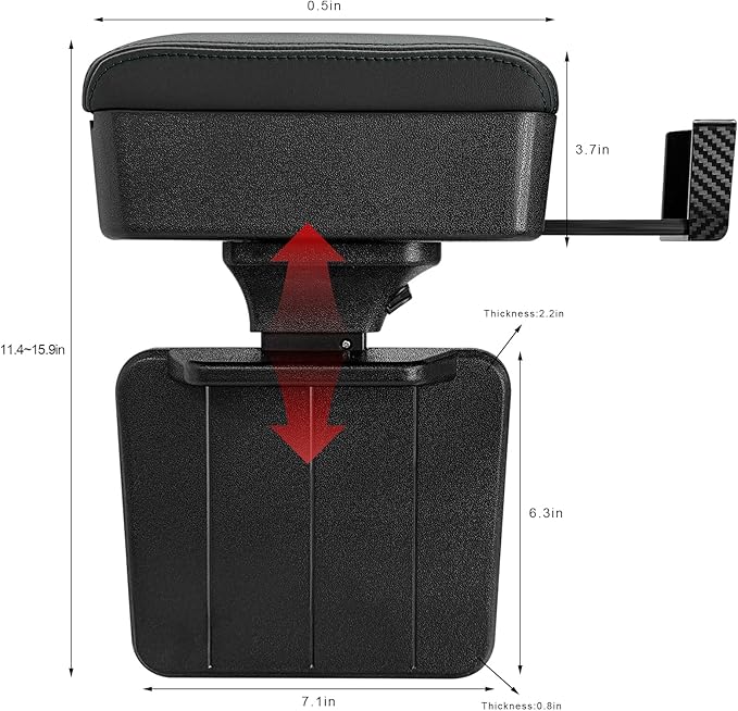 Car Armrest Storage Box with Cup Holder, Adjustable Leather Auto Seat Gap Filler Armrest Extender Pad, Liftable Forearm Wrist Support Center Console Storage Case for SUV Truck (Black)
