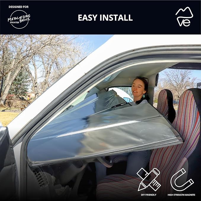 VanEssential Insulated Reflective Blackout Window Cover Designed for Mercedes-Benz NCV3 & VS30 (Van Years 2007 to Current), Front Windshield, Charcoal Gray Reflective