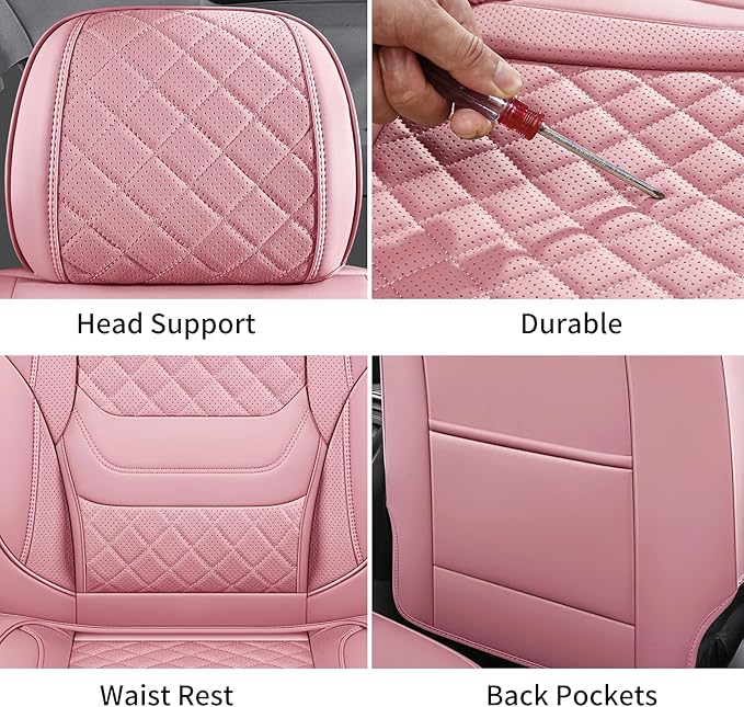 Chezope Car Seat Covers Full Set, Pink Leather Seat Covers, Breathable Front and Back Car Seat Protectors, Wear-Resistant Seat Covers Universal Fit for Most Cars SUV Truck (Pink-Diamonds,Full Set)