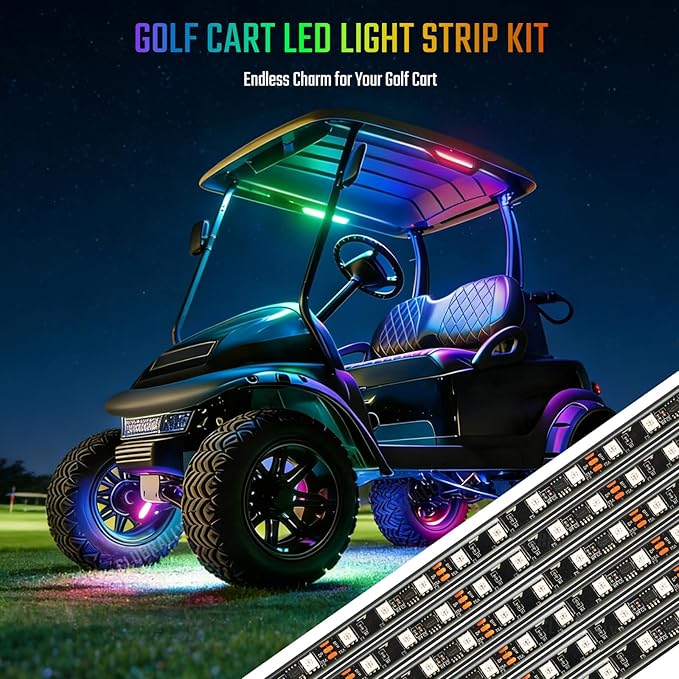 6PCS Golf Cart Underglow LED Light Kit, 28 Modes Full-Body Neon Glow, 12-85V, Music Sync, Wireless Remote, Waterproof Strips, Fits EZGO, Club Car, Yamaha Golf Carts, 6 Pack