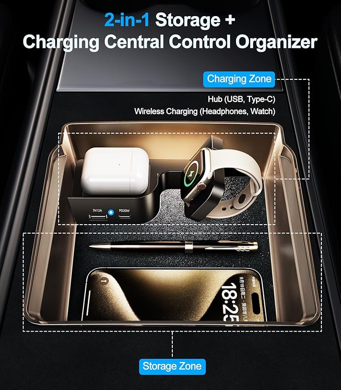 Tesla USB Hub Charger & Center Console Organize for Model 3 Highland 2024-2025 & New Model Y Juniper, 4-Port Docking Station for Phone/Headphones/Watch/Tablet Charging Storage Accessories