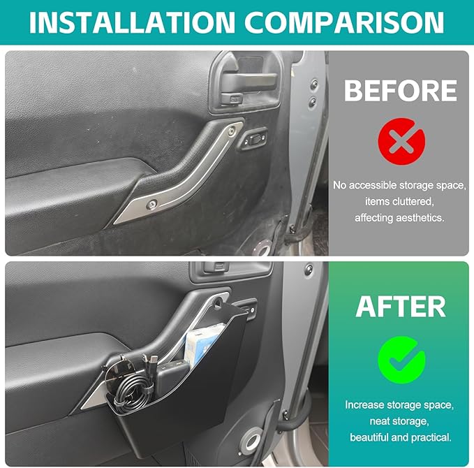 Front Door Grab Handle Pocket Organizer Compatible with 2011-2018 Jeep Wangler JK JKU Rubicon Sahara 2/4-Doors Accessories, Door Side Hanging Storage Box Expansion Accessories