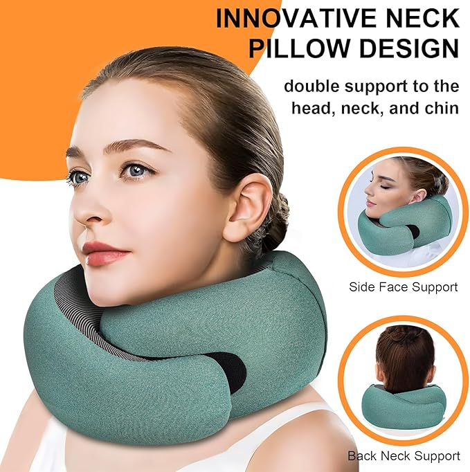 Travel Pillow - Hooded Neck Pillow Airplane Memory Foam Filling for Plane, Office, Cars Sleeping, Road Trip, Long Flights, Airplane Travel Essentials, Includes Eye Mask & Earplugs (Green)