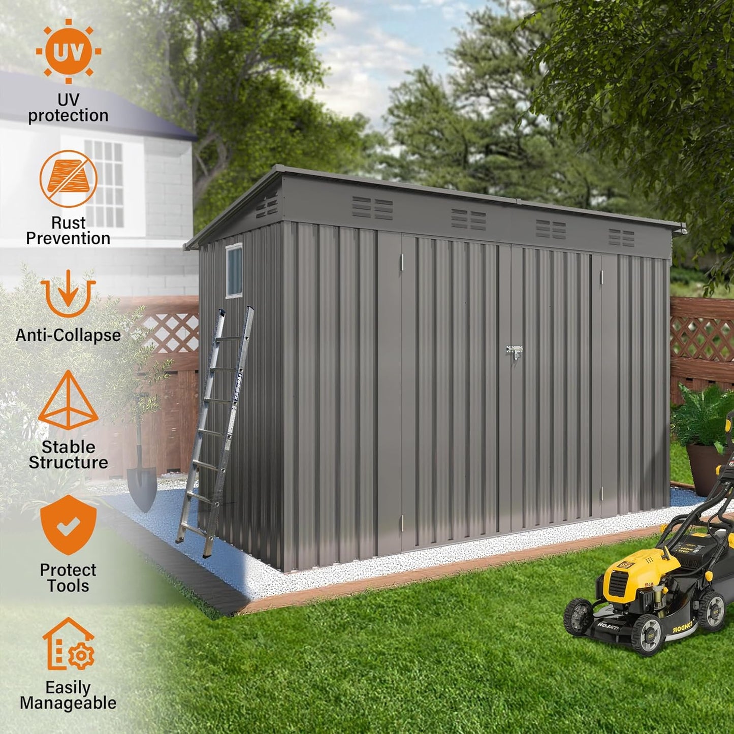 9x4 FT Lean to Shed with Window, Metal Sheds & Outdoor Storage with 6 Vents and 2 Swing Doors, Outdoor Storage Shed Waterproof for Backyard, Garden, Patio, Gray