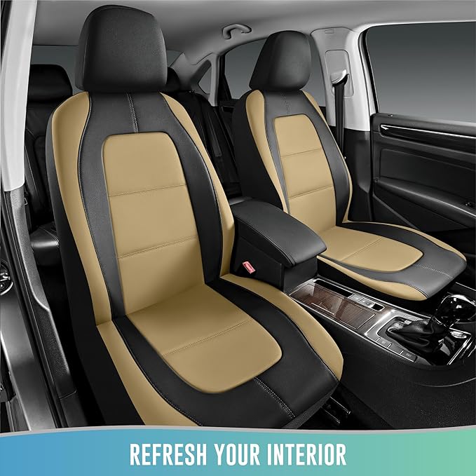 Road Comforts Car Seat Cover, Leather Car Seat Covers, Front Low Back Sport Seat Covers, Airbag Compatible, Universal Fits for Most Cars (Beige)