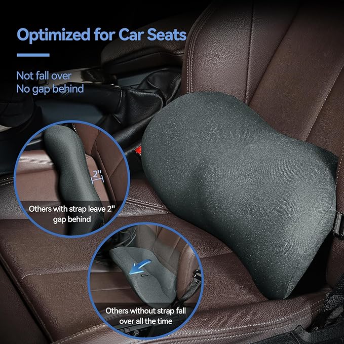Lumbar Support Pillow for Car with Dual-Grip™ Stability System - Advanced Adaptive Memory Foam Back Pillow for Lower Back Pain Relief, Ergonomic Driving Seat & Office Chair Cushion, Gray