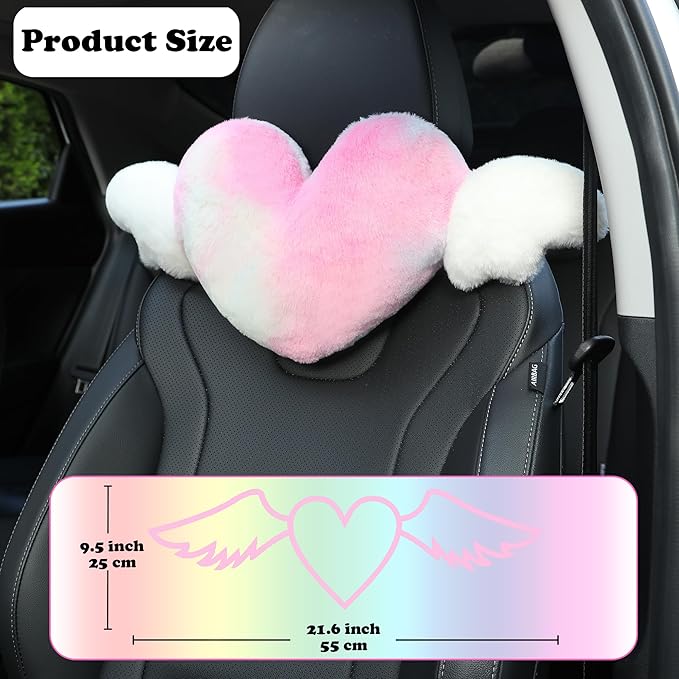 2 Pack Heart Shaped Cute Car Headrest Pillow with Angel Wings Comfortable Soft Head Rest Cushion Kawaii Car Accessories Neck Pillow for Driving Travelling Office Home Decor - Tie dye Color Love Heart
