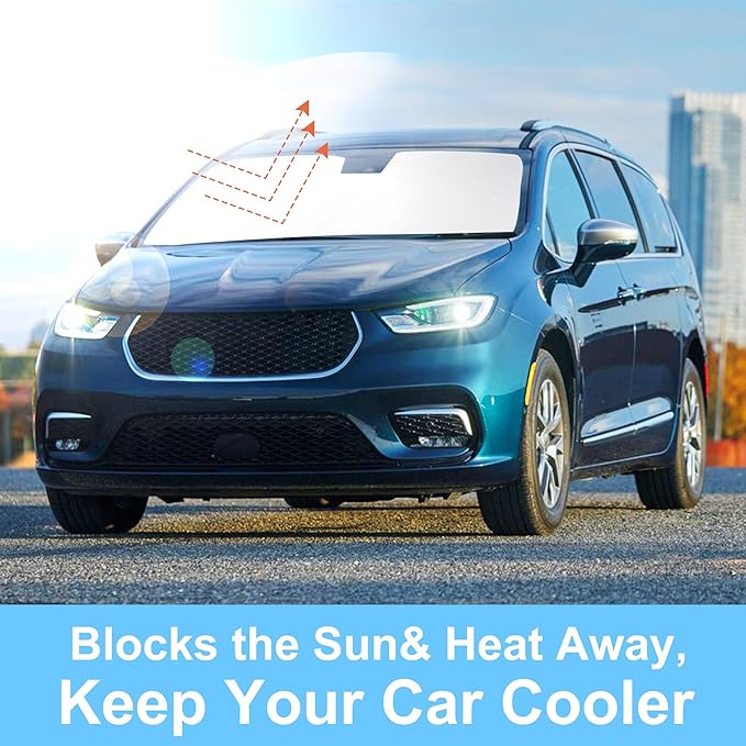 Windshield Sun Shade Custom Fit for 2017-2024 2025 2026 Chrysler Pacifica Minivan Accessories Foldable Sunshade Sun Blocker Protect Car from Sun Rays & Heat Damage Keep Car Cooler