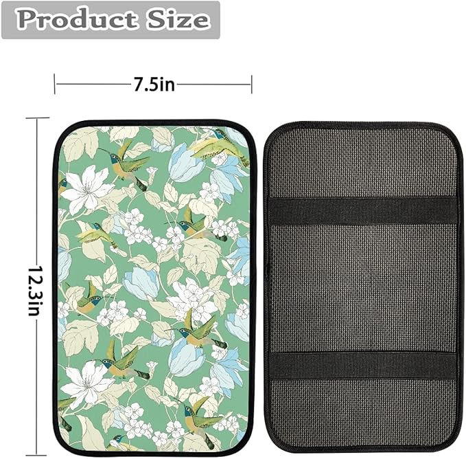 Coldinair Green Hummingbird Floral Car Armrest Cover,Auto Center Console Pad,Soft Seat Cover Protector Cushion,Car Accessories Decor for Most Cars,Sedan,Truck,SUV