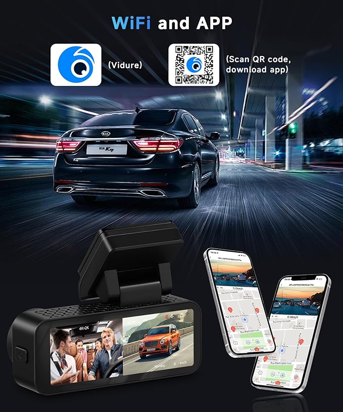 2 Channel 4K Dash Cam Front and Rear, 3.16 Inch Dash Camera Support WiFi GPS Starlight Night Vision Sensitive Motion Detection 24/7 Recording Parking Mode Monitor Reversing Help ADAS BSD LCA