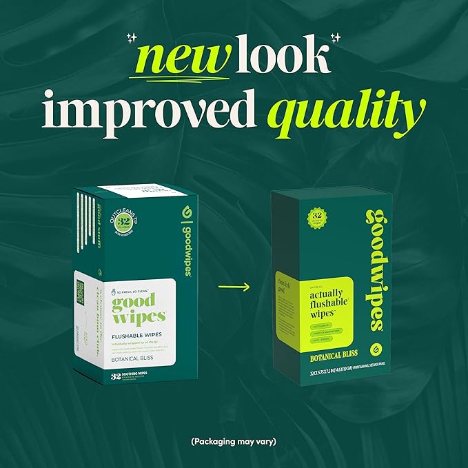 goodwipes Flushable Wipes - Individually Wrapped Butt Wipe for On-the-Go Adults - Portable Mini Wipes - Travel Essentials - Sewer & Septic Safe - Botanical Bliss, 32 Count (1 Pack)