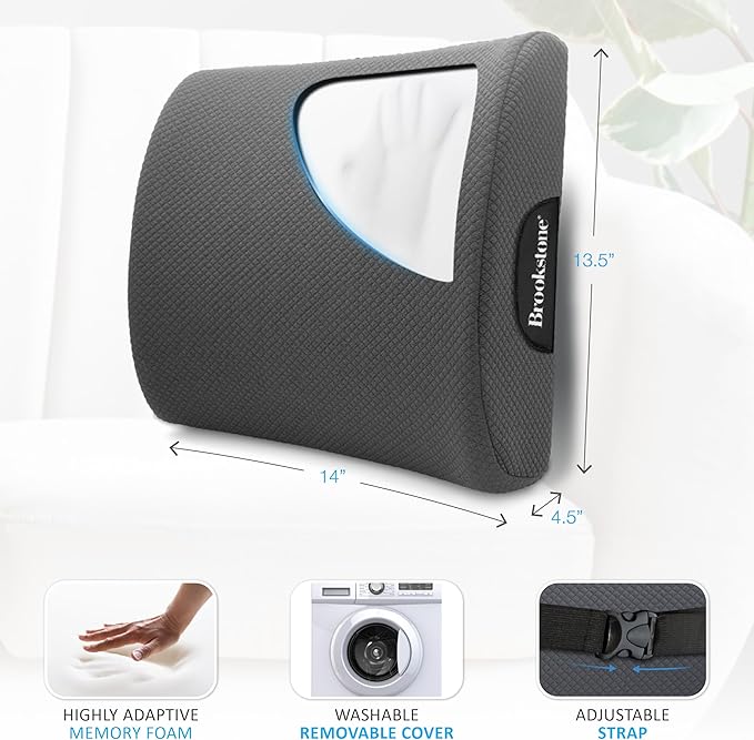 Brookstone - Luxurious Lumbar Support Pillow for Car or Office Chair, Back Cushion with Premium Grade Memory Foam, Breathable and Washable Cover, Adjustable Strap