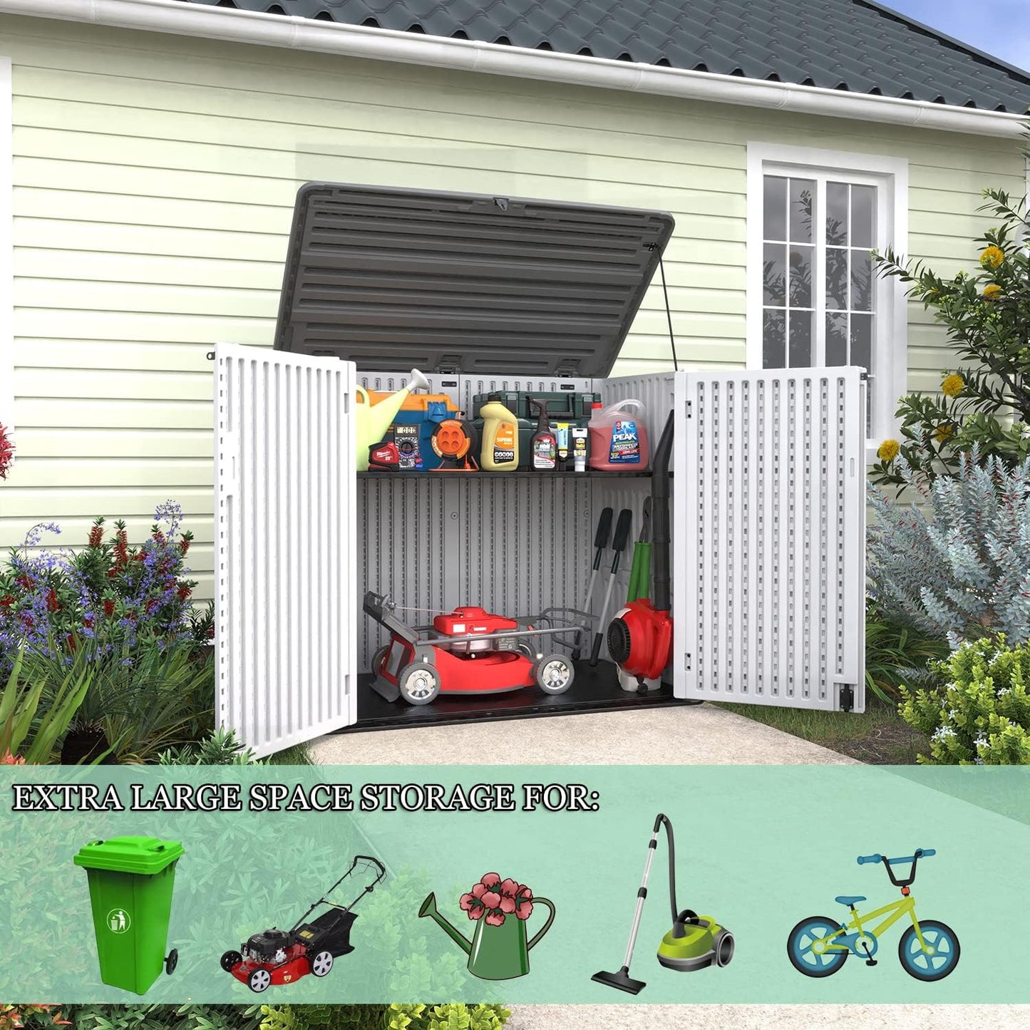 ADDOK 2SG Larger Horizontal Storage Shed Wood-Like, 4.4 x 2.8 ft Outdoor Storage Cabinet Lockable, Thick Resin Storage Unit for Trash Cans, Yard Tools（38 Cu.ft