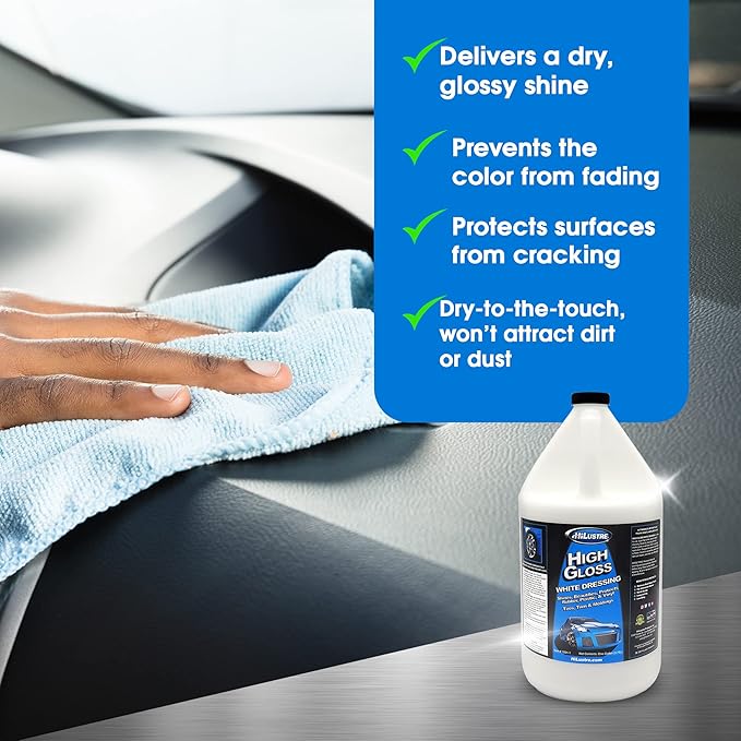 High Gloss White Dressing, Vinyl, Rubber, and Plastic Restorer for A Super Shine Finish, Back to Black Trim, Mold, and Tire Dressing, Quick Dry, Low Sling Formula, Bubblegum Scent, 1 Gallon