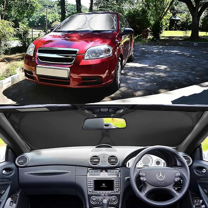 Foldable Windshield Sun Shade, Bonus Steering Wheel Sun Shield to Block UV Rays Keep Your Vehicle Cooler, Easy to Use Car Interior Accessories (59.2"x27.2")