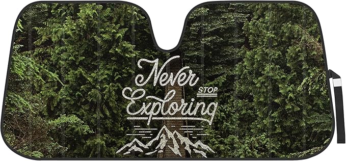 BDK Never Stop Exploring Front Windshield Sunshade Accordion Folding Style Auto Shade for Car Truck SUV Van Blocks UV Rays Sun Visor Protector Easy Setup Keeps Your Vehicle Cool - 58 x 27 inches