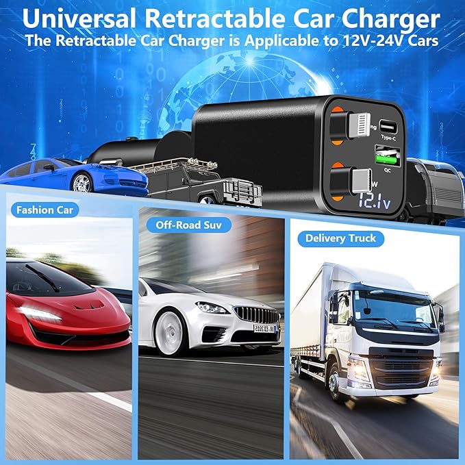 [Apple MFi Certified] Retractable Car Charger USB C, Rombica 120W USB C Car Charger 4 in 1 PD/QC Type C Fast Charging Cigarette Lighter Adapter for iPhone 17/17 Pro/16/15/14/13/12/Galaxy S26/S25/Pixel