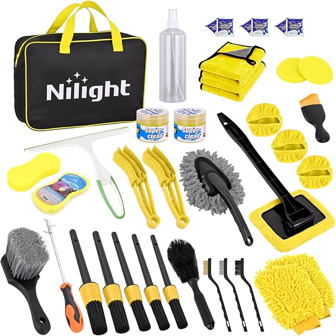 Nilight 37PCS Car Detailing Kit Auto Cleaning Tools Wash Set with Storage Carry Bag Home Use for Interior Exterior Deep Clean Car Care Windshield Dashboard Seat Air Vents Wheels Tires, Yellow