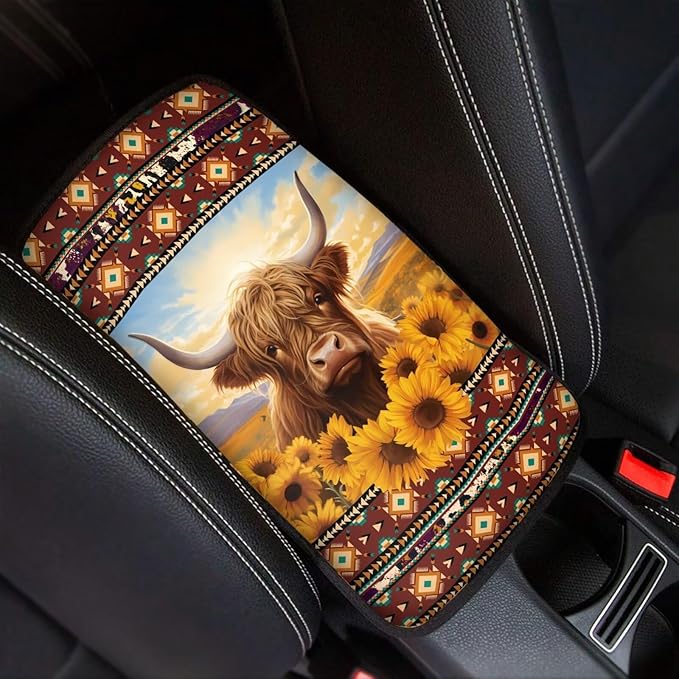 Dreaweet Car Center Console Cover Sunflower Aztec Highland Cow Car Accessories Arm Rest Cover for Truck SUV Van,Car Armrest Cover Center Console Cushion Pad Universal Fit