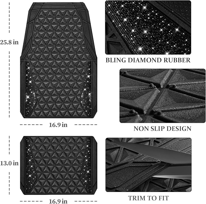 CAR PASS Bling Diamond Car Mats Rubber Floor Mats Full Set Anti-Slip 3D Rhombus Waterproof Trim to Fit Liner Universal Glitter Crystal Sparkly Shining Rhinestone Girl Women SUV Sedan, Black Diamond