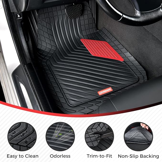 Coverado Red Rubber Car Floor Mats with Metallic Aluminum Film, Waterproof All Weather Protection, Universal Trim-to-Fit Automotive Mats for Cars SUVs Trucks, 4PCS Set
