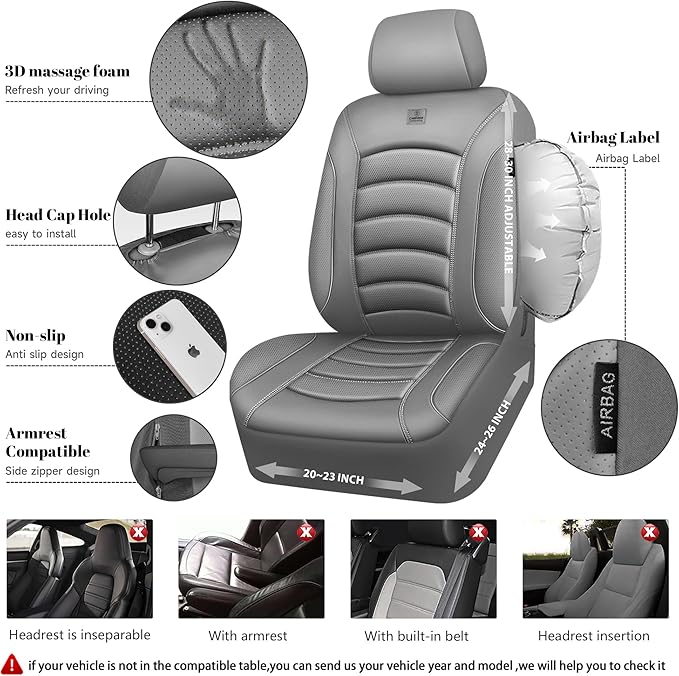CAR PASS 3D Foam PU Leather Car Seat Covers, Universal Seat Covers Front 2 for Trucks SUV Sedan Automotive Seat Covers Armrest Airbag Compatible Waterproof Comfortable Faux Nappa Leather All Gray