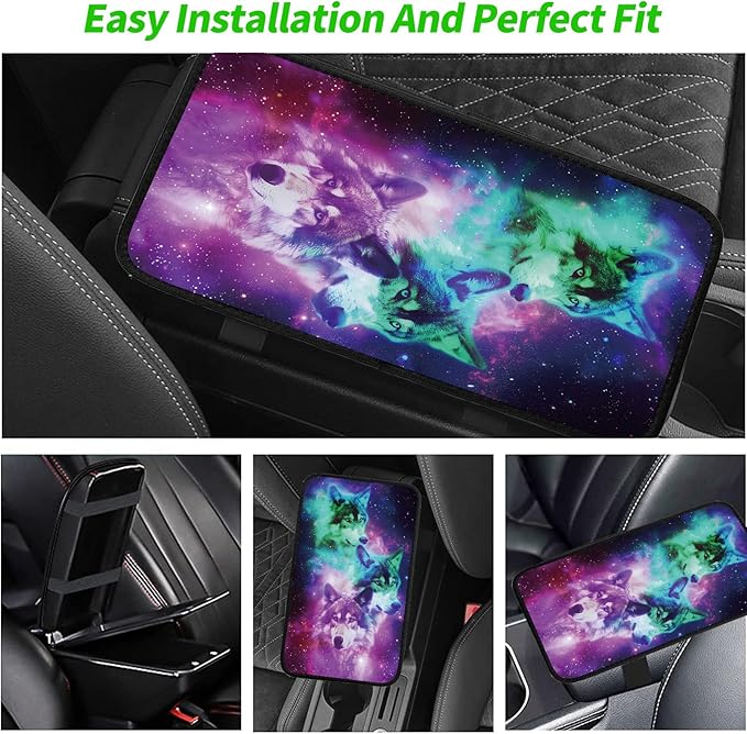 Car Armrest Cover Pads Universal Fashion Cute Auto Center Console Armrest Cover Pad with 2PCS Car Coasters Soft Waterproof Car Armrest Seat Protector for Women, Galaxy Three Wolves
