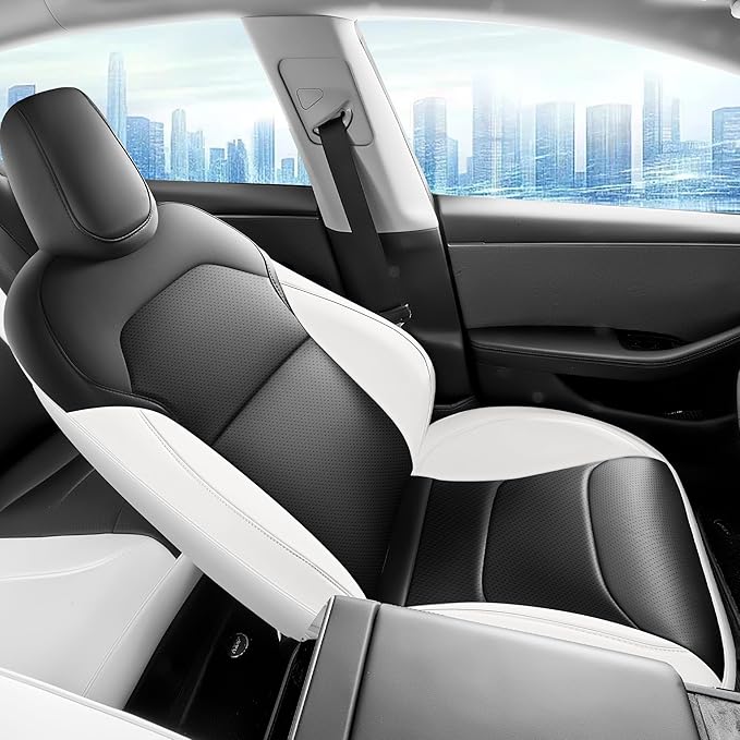 for Tesla Model 3 Seat Cover 2024 2025 Long Range (Not for Performance) Waterproof Nappa Leather Seat Cover Full Set for Tesla Model 3 (T3-Black+White 24-25)