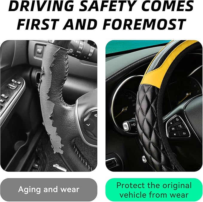 Car Steering Wheel Cover, 14.5-15inch Leather Anti-Slip Car Wheel Cover Protector, Safety Comfortable Desgin, Universal Auto Steering Wheels Accessories for Cars Truck SUV (Yellow)