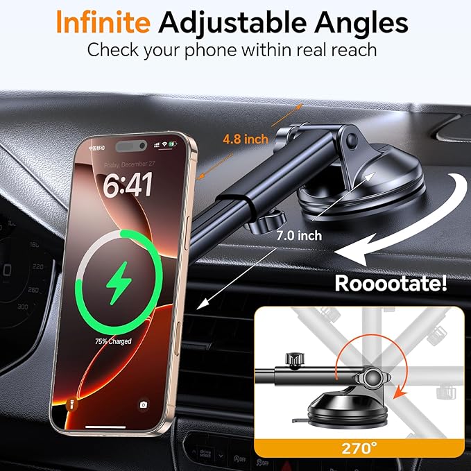 Coolpow for MagSafe Car Mount Charger【Ultra Magnet】 Magnetic Phone Holders for Your Car Charger【Windshield+Vent+Dash】 Magnetic Wireless Car Phone Holder Charger Car Mount for iPhone 17 (Purple)