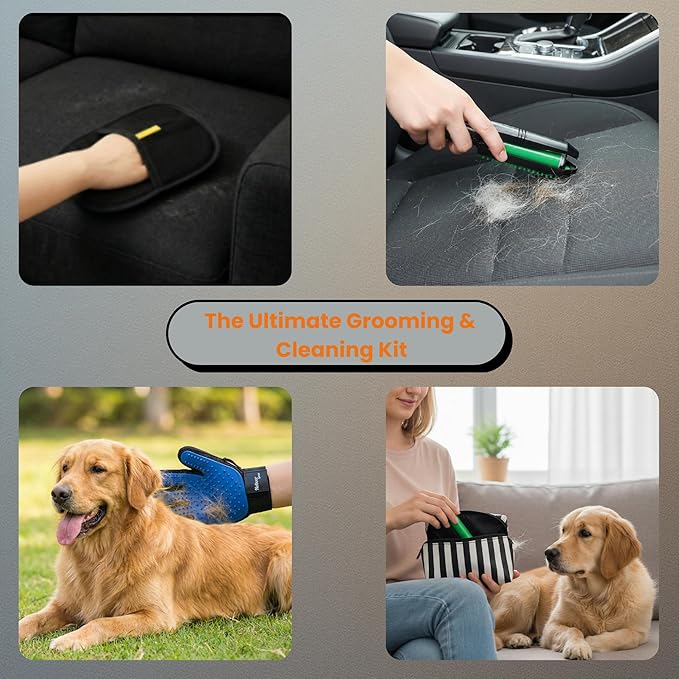 Pet Hair Remover & Shedding Solution: 5-Piece Complete Kit with Dog Grooming Glove, Furniture Cleaner Pad, and 3-Pack Washable Reusable Lint Rollers - Ideal for Home, Clothes, Carpet