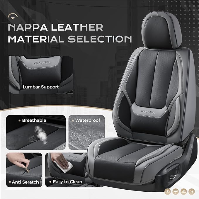 Coverado Seat Covers, Car Seat Covers Full Set, Leather Seat Covers for Cars, Car Seat Protector, Gray Car Seat Covers Front Seats and Back Seats Universal Fit for Most Cars Black