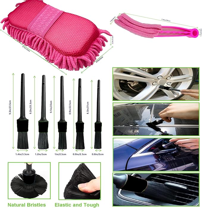 Car Detailing Kit-Car Wash Kit-Detailing Brush Set- Cleaning Kits with Windshield Cleaner and Wash Sponge-Car Interior Cleaning Kit-Car Cleaning Supplies for Windows, Dashboard, Air Vents (pink)
