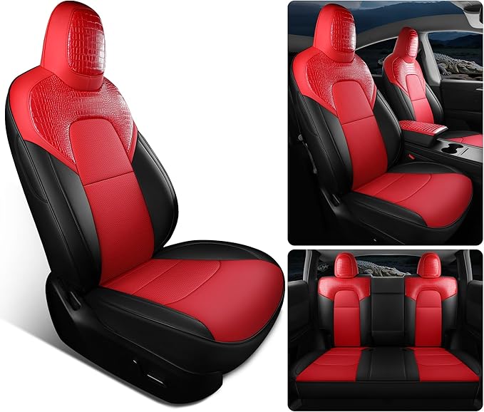 Red Rain for 2020-2024 Tesla Model Y Seat Cover Crocodile Leather Red and Black Auto Seat Cover Interior Accessories (ModelY-Red+Black-2020/2024)
