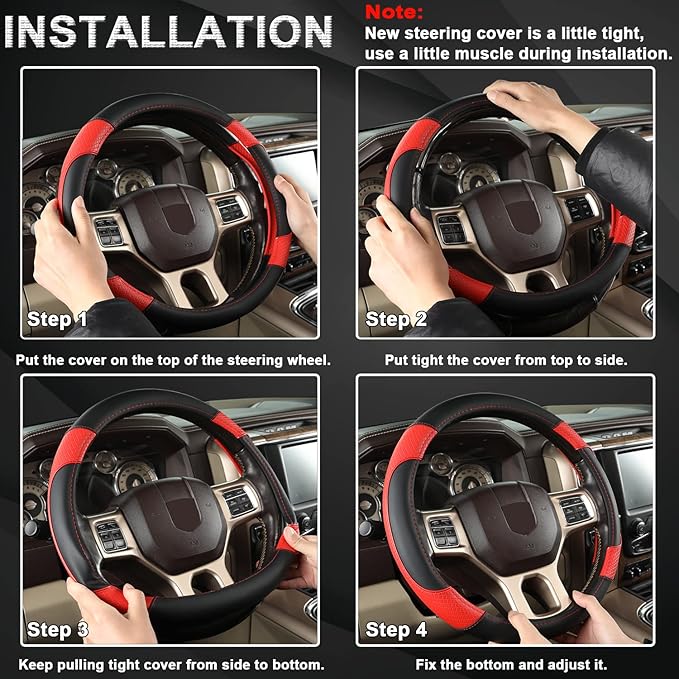 GIANT PANDA Car Steering Wheel Cover for Dodge Ram 1500 2500 3500 15.5-16 inches - Black+Red