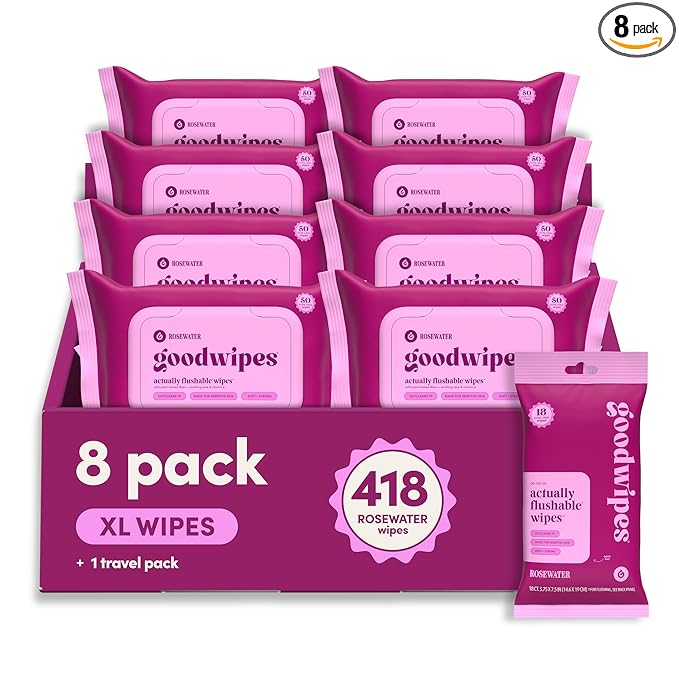 goodwipes Flushable Butt Wipes - Extra Large Adult Wet Wipes For Women & Men - Bathroom Essentials - Sewer & Septic Safe - Rosewater, 418 Count (8 Packs + 1 Travel)