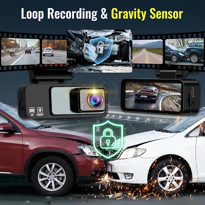 4K Dash Cam Front and Rear, NHOPEEW 3.16" Screen Dual Dash Camera for Cars with WiFi & GPS, Night Vision, 170°Wide Angle Car Dashboard Cam, G-Sensor, Loop Recording, 64GB Card Included