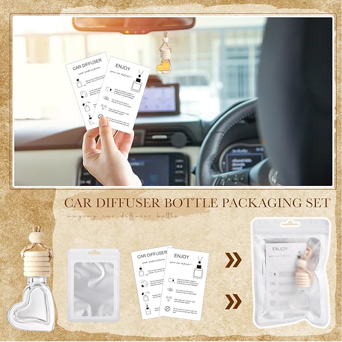 Boao 100 Sets Hanging Car Air Freshener Diffuser Bottles with Instruction Card and 4 x 6'' Resealable Holographic Bag for Empty Car Essential Oil Perfume Bottles Packaging (Heart)