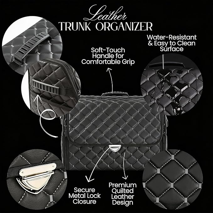 Leather Trunk Organizer with Lid for Suv and more, Foldable Car Organizer, Car Organizers and Storage with Pockets, Non-Slip Design (White-Black)