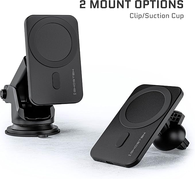 Ghostek NRGmount MagSafe Car Mount Charger iPhone 15W Fast Charging with Air Vent Clip, Dash Windshield Suction Clamp with Adjustable Arm Designed for iPhone 13 Pro Max, iPhone 12 Pro Max mini (Black)