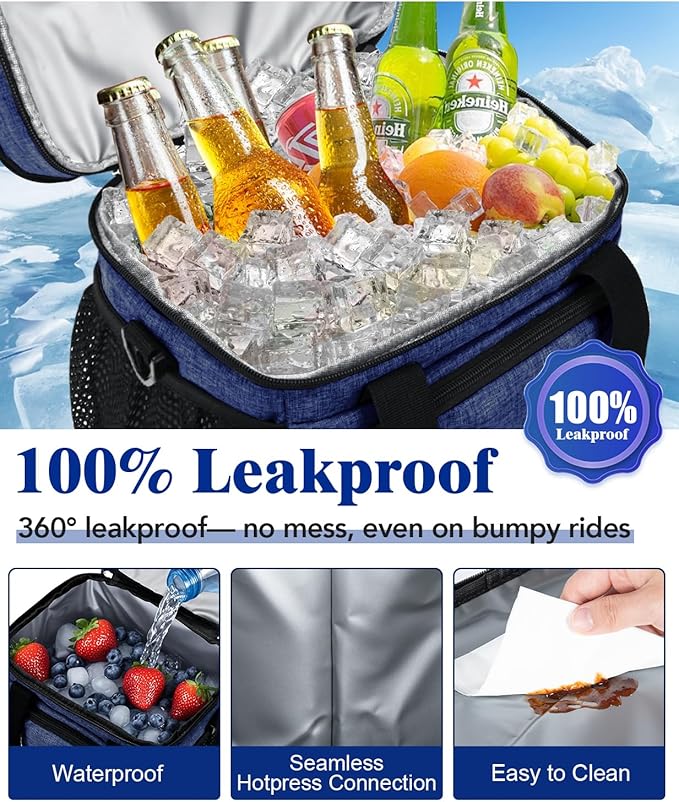 Insulated Lunch Bag for Men & Women, Double Leakproof Lunch Box Soft Cooler Tote with 5 Pockets, 600D Oxford, EVA Lining, Adjustable Strap for Work, Picnic, Beach&Travel-Navy Blue