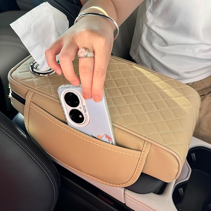 Upgraded Multi-Functional Car Center Console Cover, PU Leather Armrest Pad Cushion with Memory Foam Cushion, 2 Storage Pockets, Tissue Box Hole for Sedan Vehicles, 7 Colors (Beige)