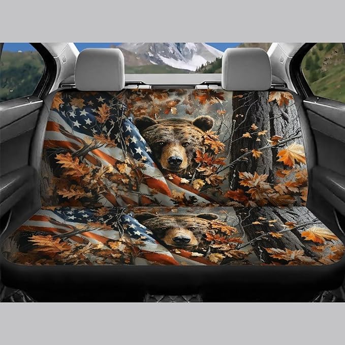 KEIAHUAN Car Seat Covers Front & Rear American Flag Brown Bear Automotive Bucket Seat Covers & Rear Split Bench Seat Cushion Pads Fit Most Cars, Trucks, SUV or Vans