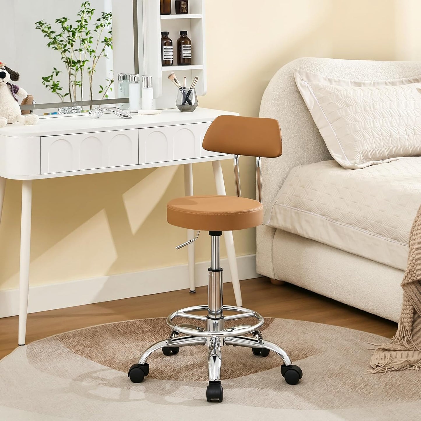 Rolling Stool with Back, Adjustable Tattoo Rolling Chair 19.5’’-26.6’’, Camel Brown Hairstylist Stool with Wheels (Camel Brown)