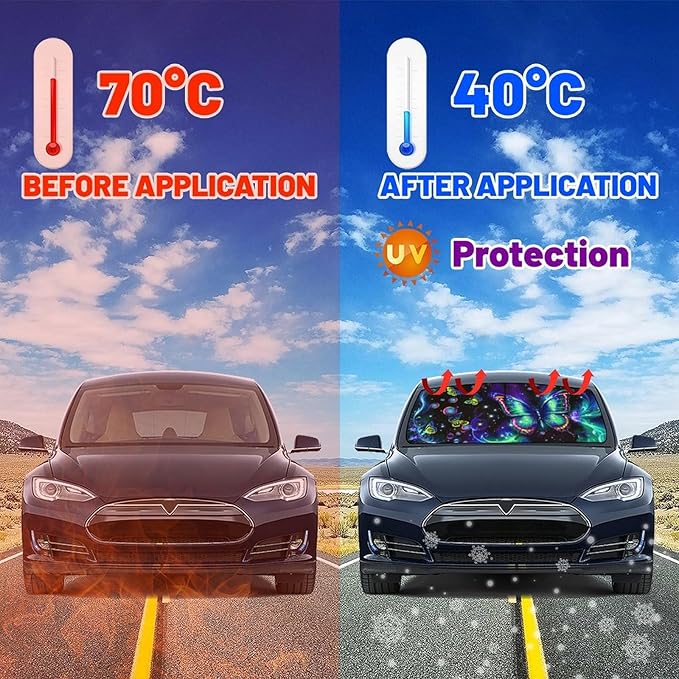 CHILL·TEK Funny Animal Car Windshield Sun Shade Umbrella, Cute Butterfly Car Sun Shade Umbrellas, Block UV Rays Heat Foldable Windshield Umbrella Sun Visor Protector - Keep Vehicle Cool for Cars SUV