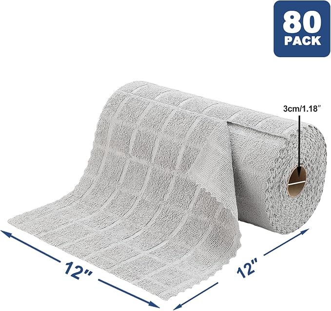 Ferdilan 80 Pack Microfiber Cleaning Cloth Roll,Lint Free Rags Paper Towels & Tear Away Reusable Towels,Washable Shop Rags,Wash Cloths Dish Rags(12" x 12") for Car Kitchen Window Garage-Light Gray
