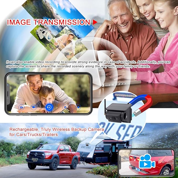 Solar-Powered Wireless Backup Camera with AI Security-Smart Human/Vehicle Detection,WiFi Connectivity,Cordless & Magnetic Mount Rear View Camera Upgrade Your Truck,Trailer,RV,or Camper WF102