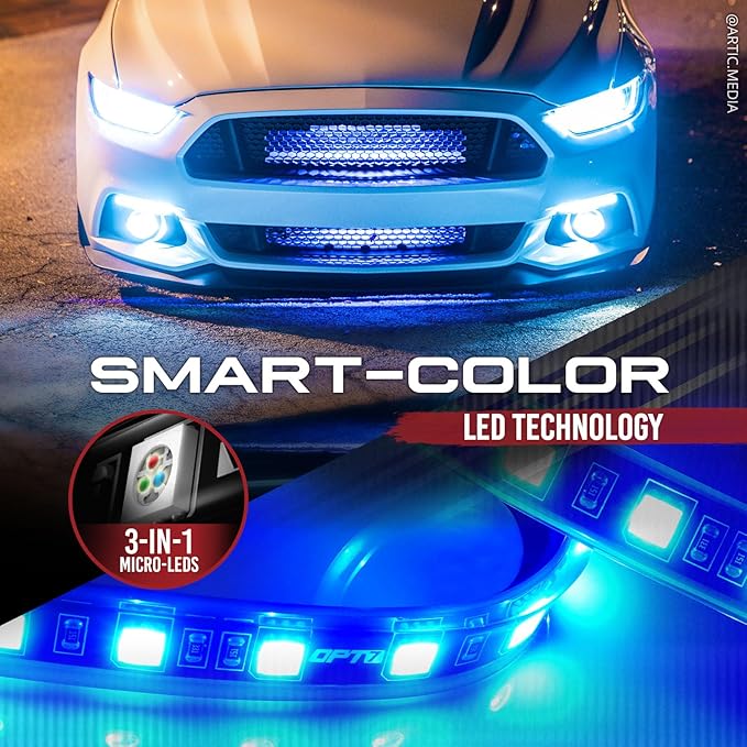 OPT7 Aura Single Row Expansion Pack - 2pc 24” RGB Multicolor LED Strips w/Splitters and Extension Wires for Interior, Wheel, Grille, Engine Bay, Golf Cart, Boat, Car, Truck, Van, SUV Decor Lighting