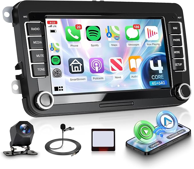 4G+64G Android Car Stereo for VW Golf MK5 MK6 Passat Jetta Tiguan T5 EOS Polo with Wireless CarPlay Android Auto, 7 Inch Touchscreen Car Radio GPS WiFi SWC Bluetooth 32EQ Backup Camera